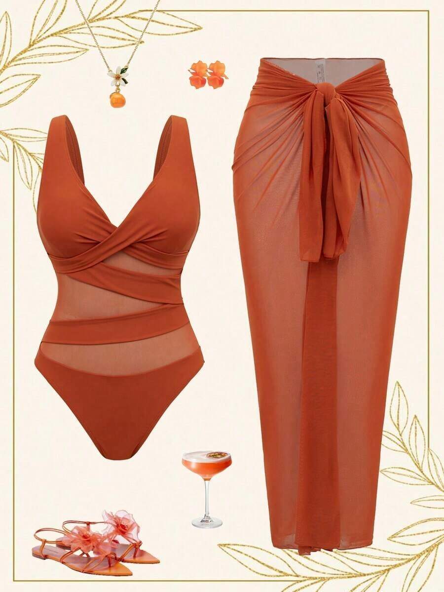 Swim Cover Up Mesh - Women Solid Color Mesh One Piece