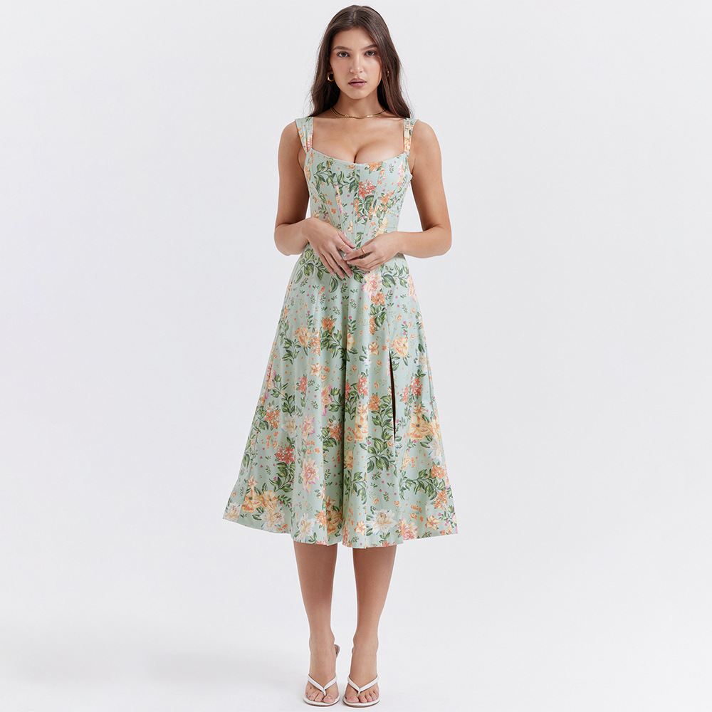 Sundress Midi Floral - Open Back Split Floral Print Dress