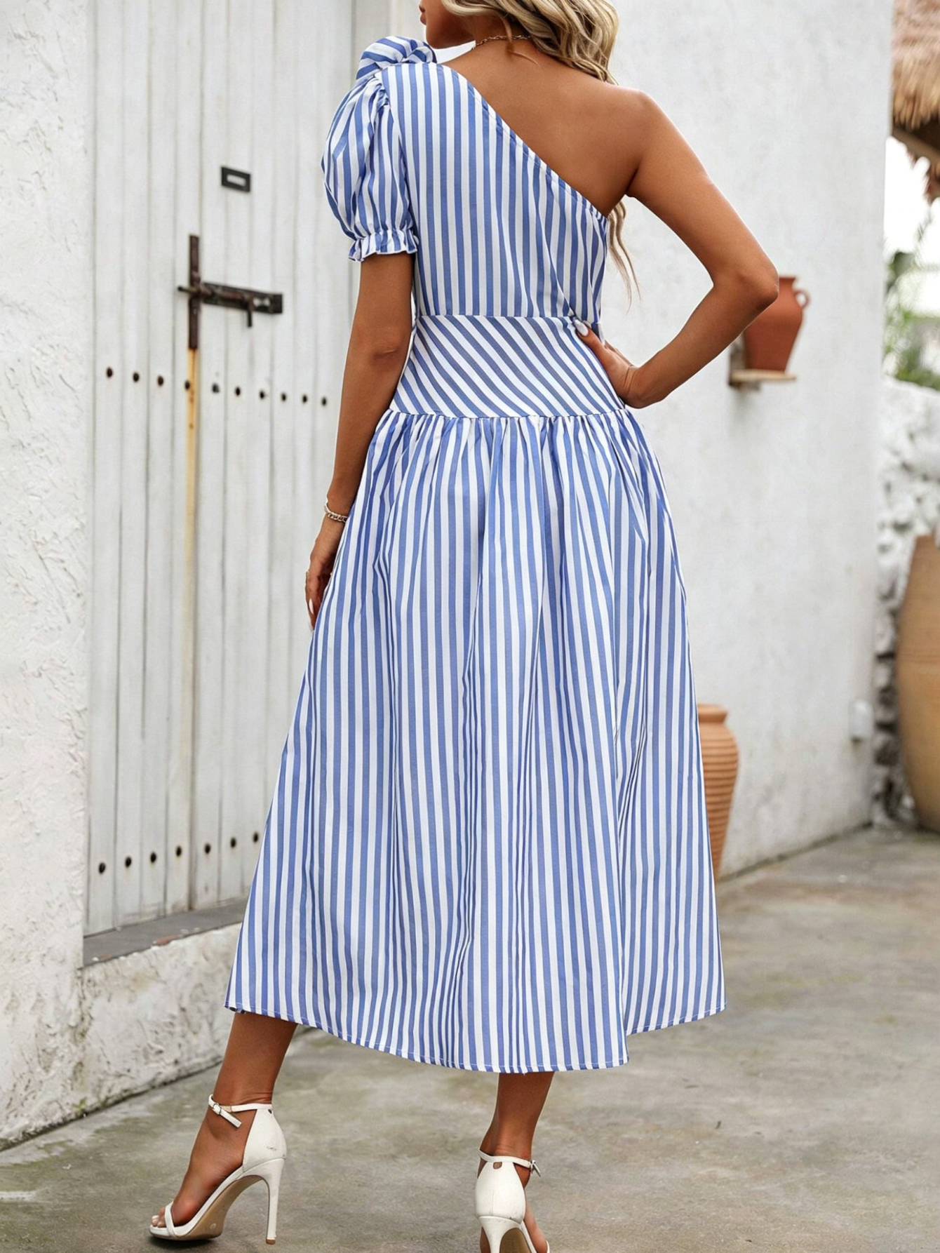 Blue White Striped One Shoulde - Sundress Midi Floral review and price