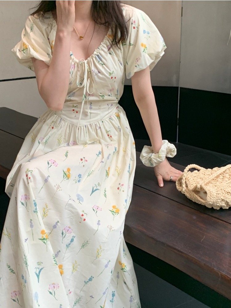 Vintage V Neck Puff Sleeve Lon - Sundress Midi Floral review and price