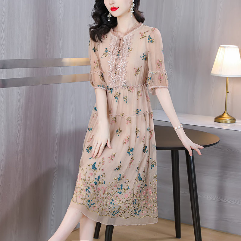 Women Floral Natural Silk Embr - Sundress Midi Floral review and price